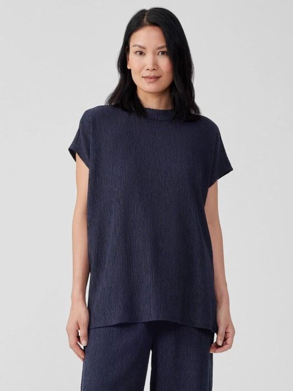 Eileen Fisher $158 Woven Plisse Mock Neck Boxy Top Navy oversized XXS NEW